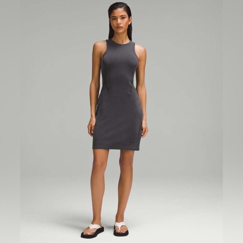 Lululemon Size 6 Ribbed Softstreme Slim-Fit Tank Dress Black Gray Bodycon + Tote
